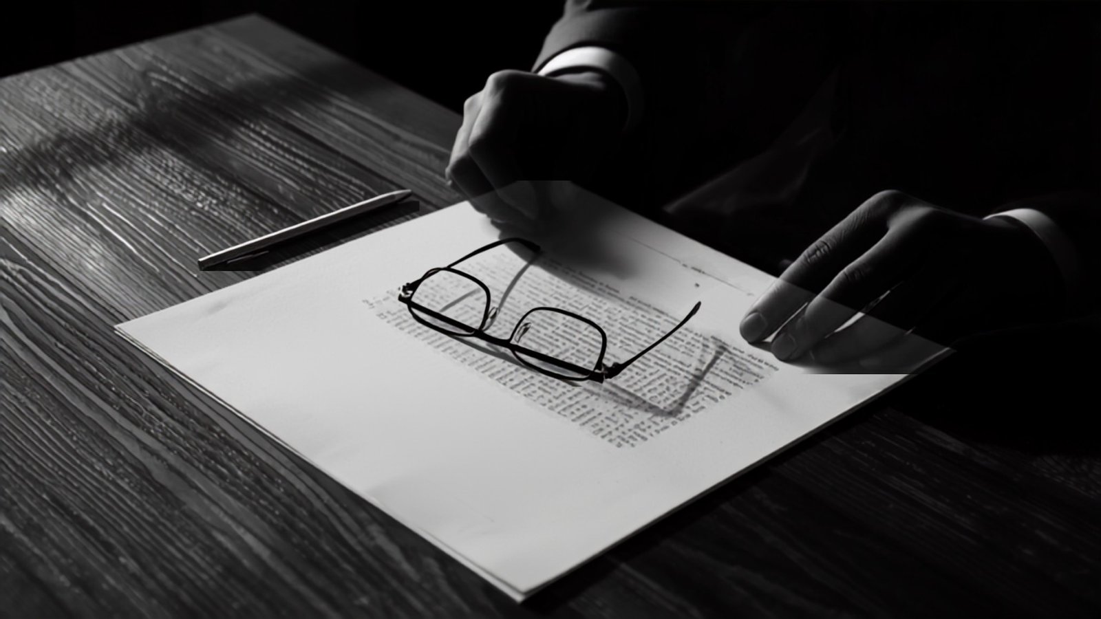 Mãos folheando um edital de leilão sobre uma mesa de madeira escura, com óculos de leitura ao lado