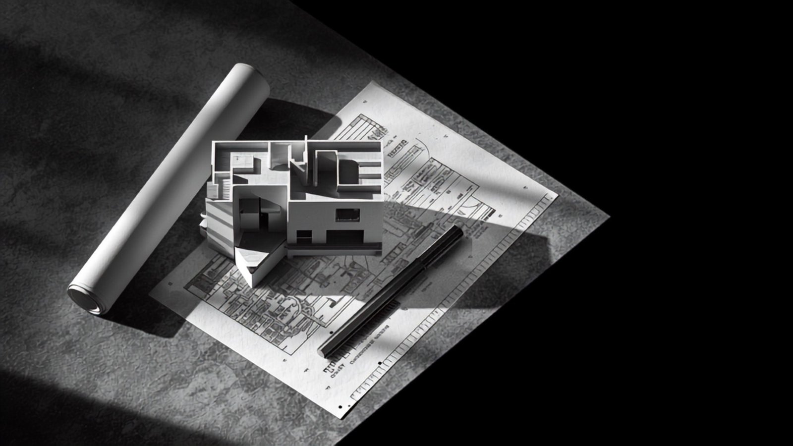Maquete arquitetônica e plantas de imóvel sobre uma mesa